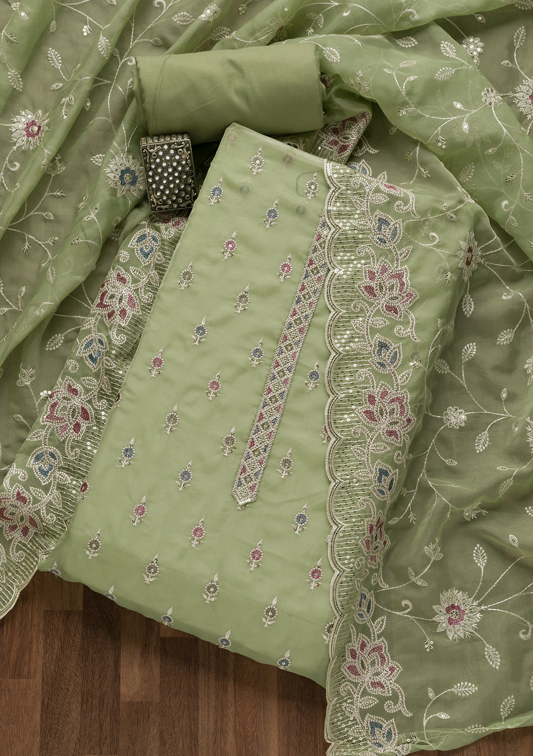 Pista Green Threadwork Tissue Unstitched Salwar Suit