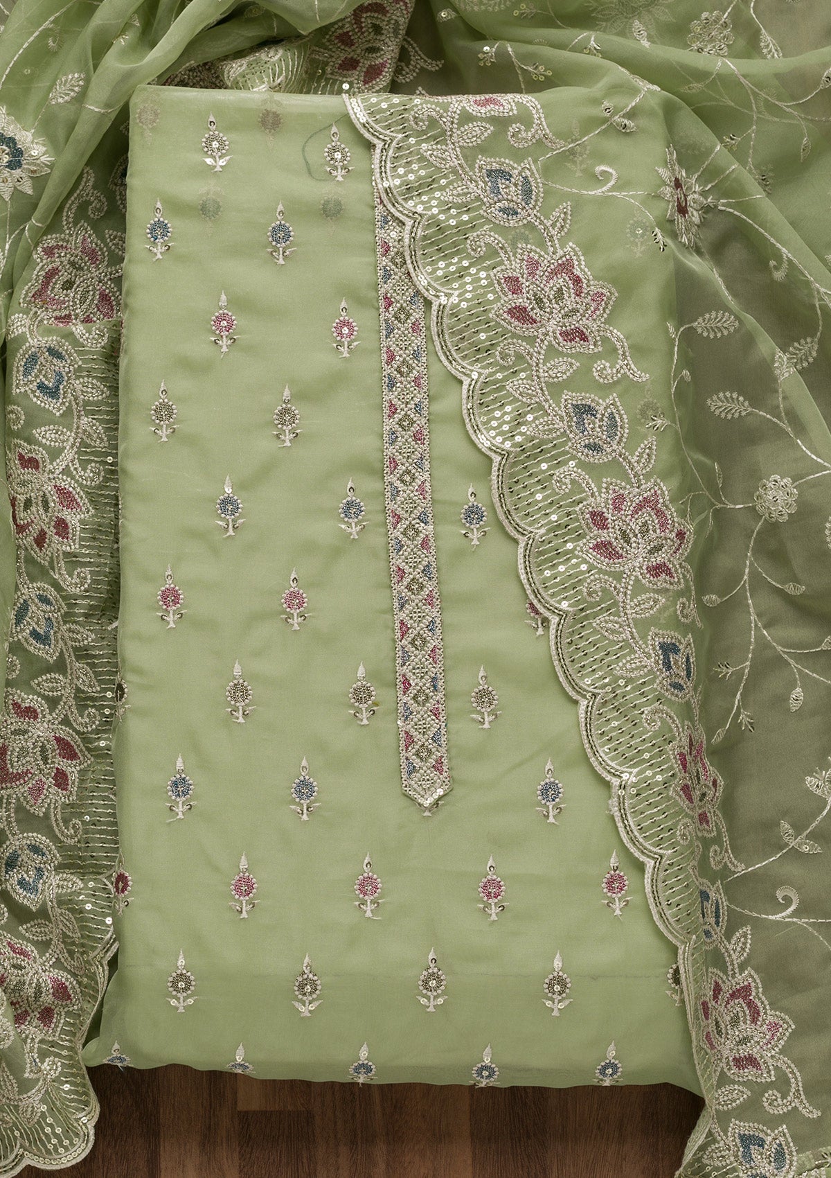 Pista Green Threadwork Tissue Unstitched Salwar Suit