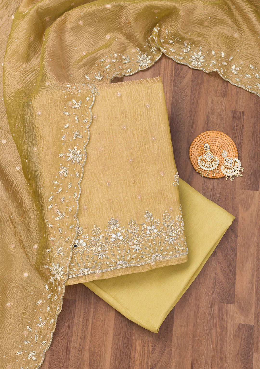 Pista Green Zardosi Tissue Unstitched Salwar Suit