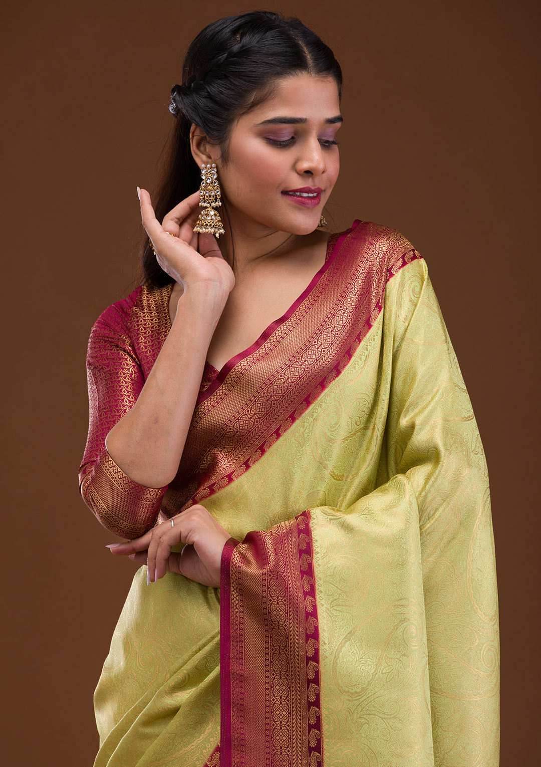 Pista Green Zariwork Soft Silk Saree