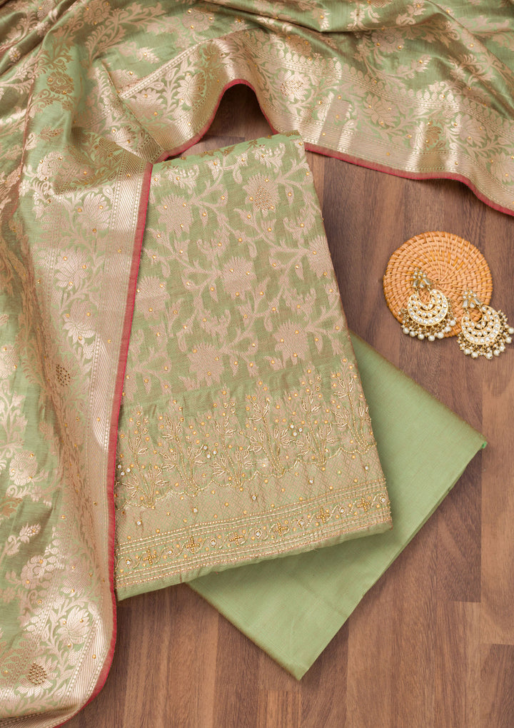 Pista Green Zariwork Banarasi Unstitched Salwar Suit