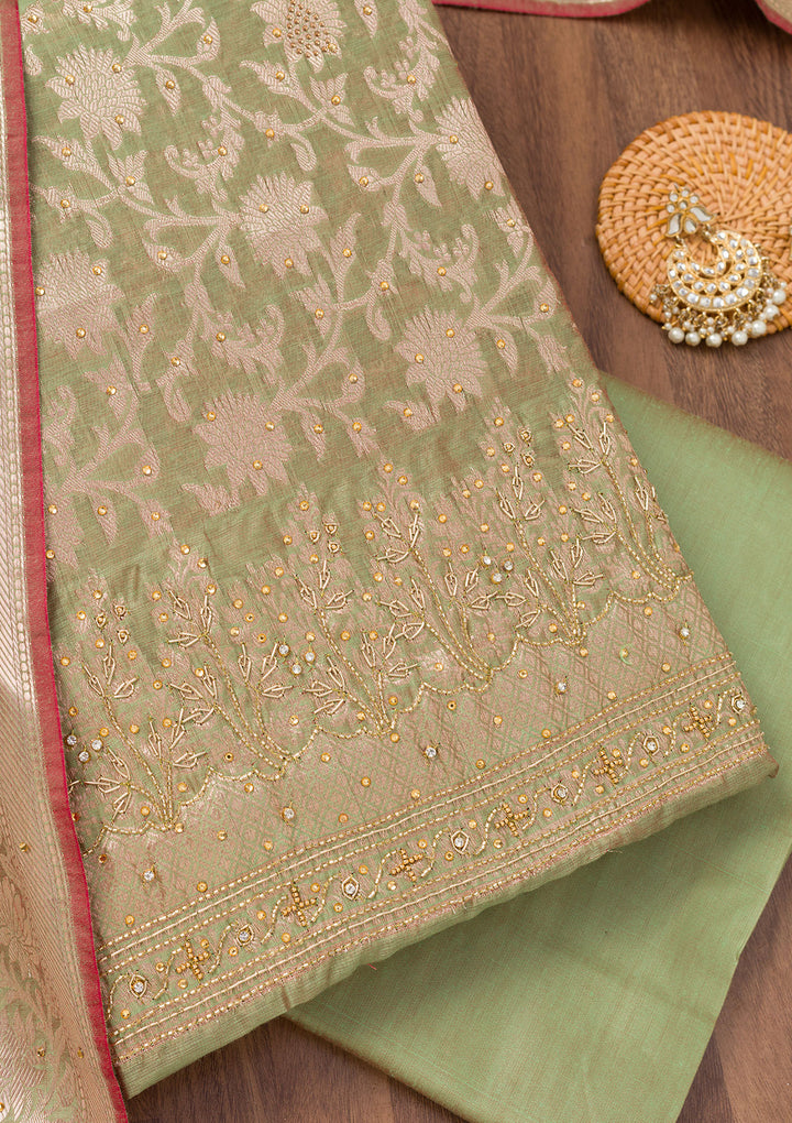 Pista Green Zariwork Banarasi Unstitched Salwar Suit