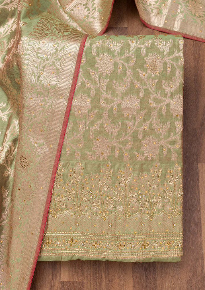 Pista Green Zariwork Banarasi Unstitched Salwar Suit