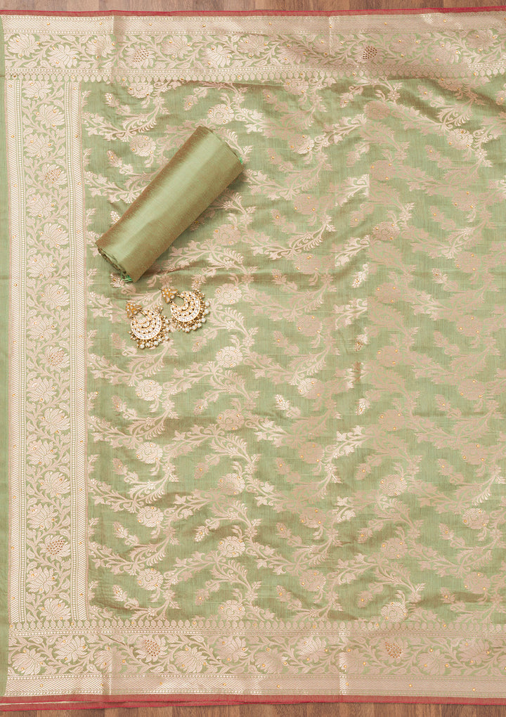 Pista Green Zariwork Banarasi Unstitched Salwar Suit