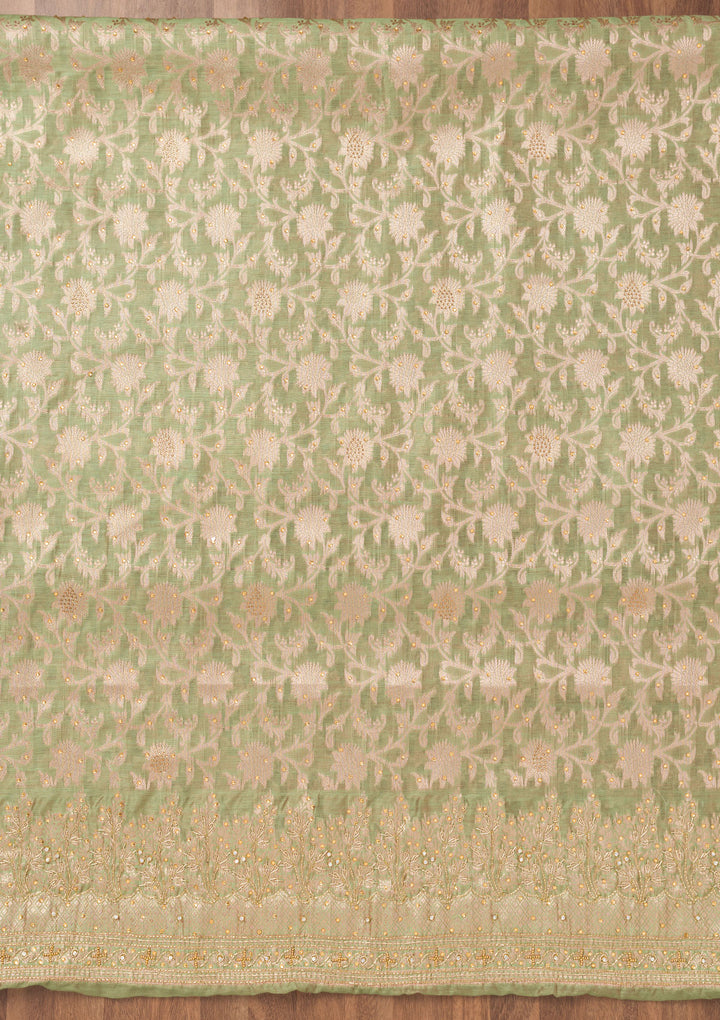 Pista Green Zariwork Banarasi Unstitched Salwar Suit