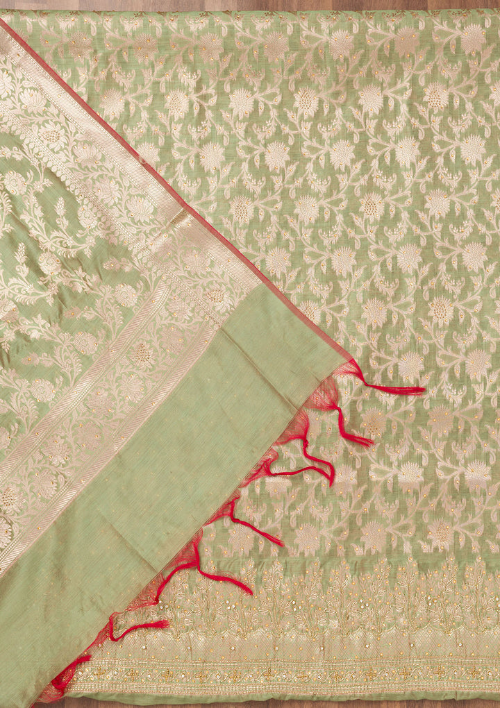 Pista Green Zariwork Banarasi Unstitched Salwar Suit