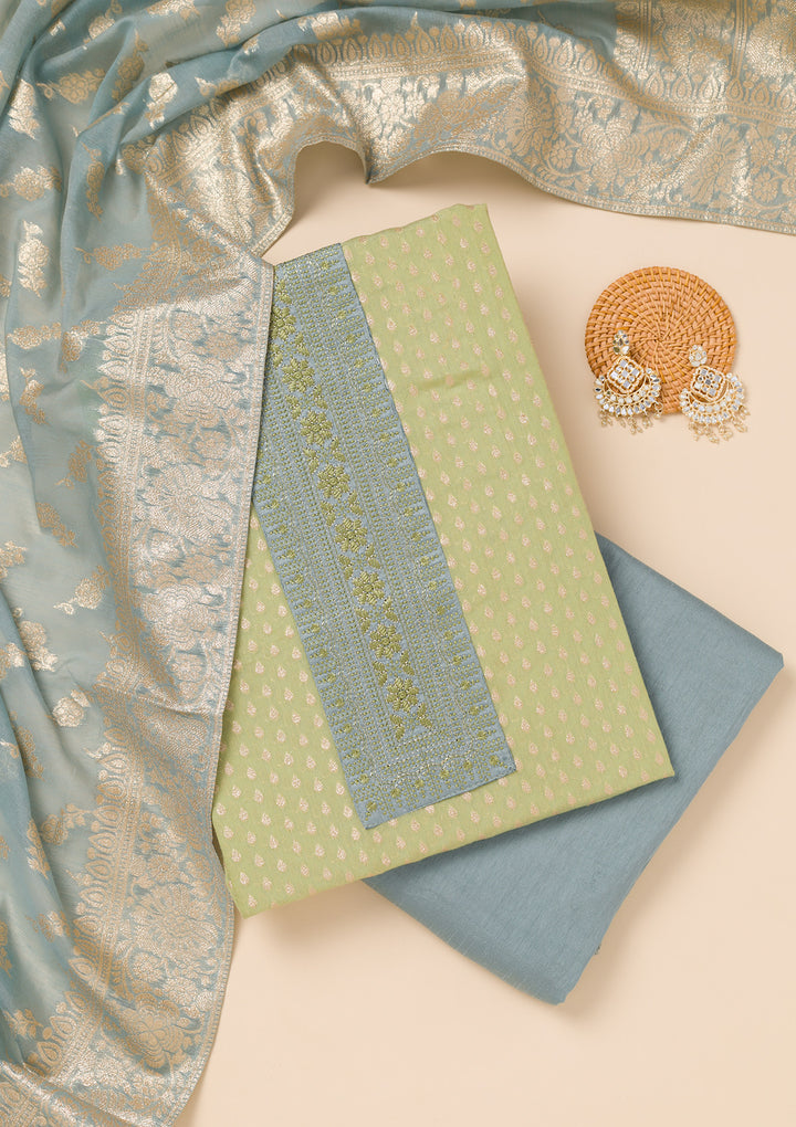Pista Green Zariwork Banarasi Unstitched Salwar Suit