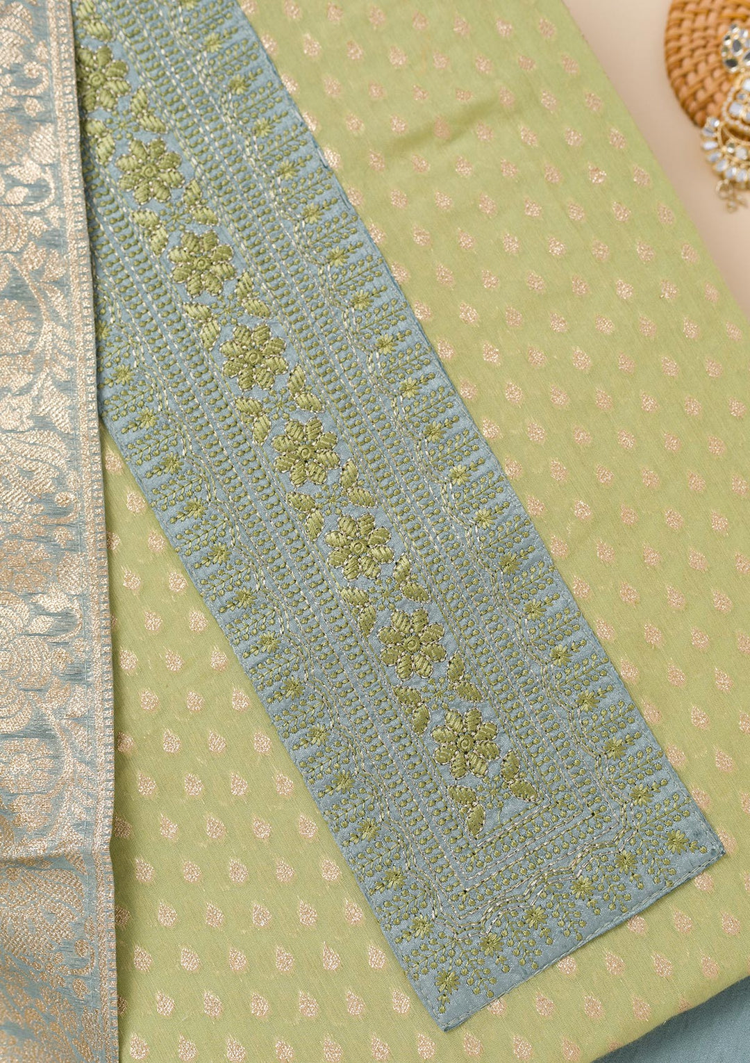 Pista Green Zariwork Banarasi Unstitched Salwar Suit