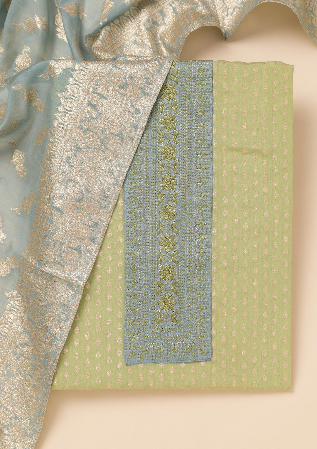 Pista Green Zariwork Banarasi Unstitched Salwar Suit