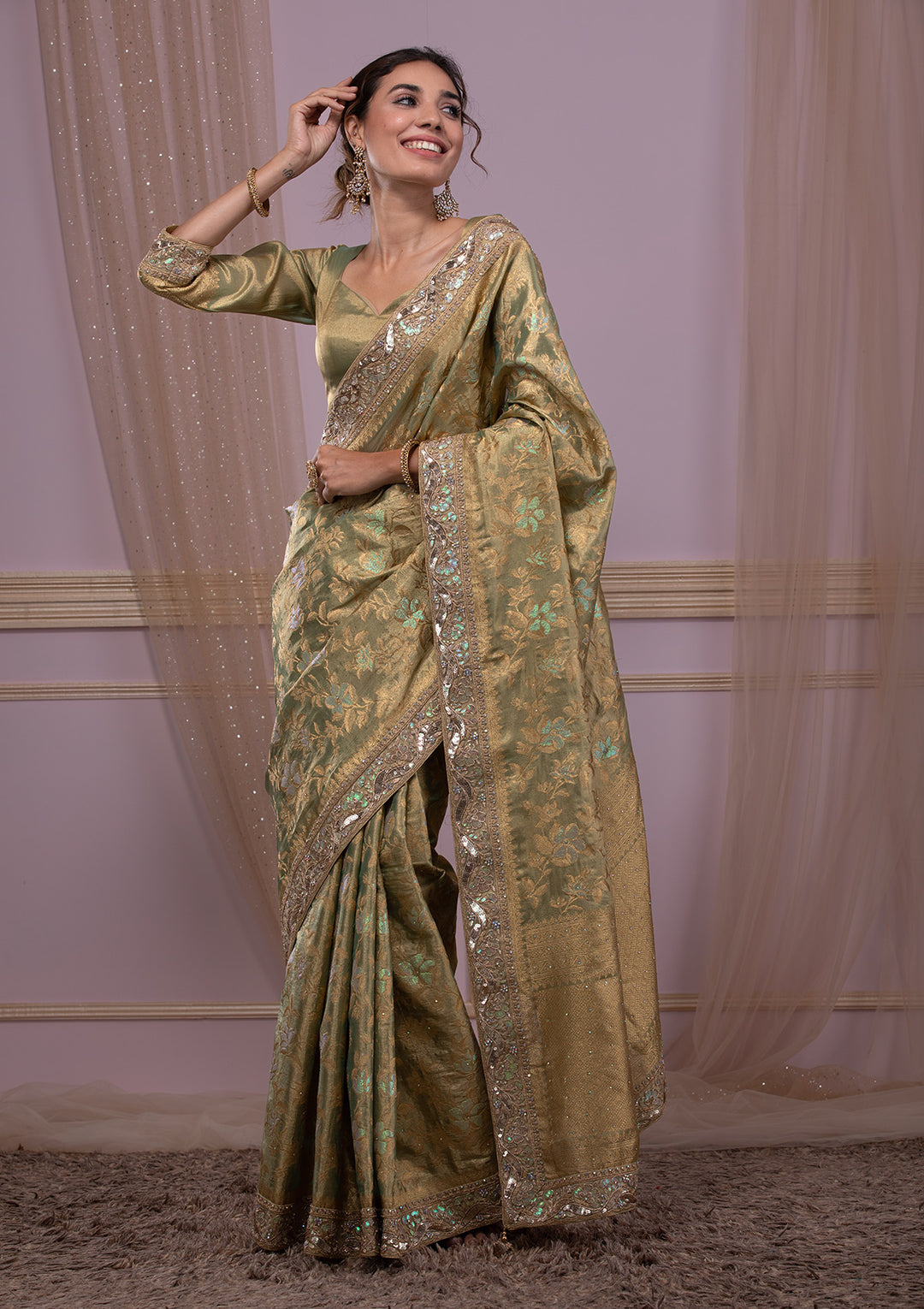Pista Green Zariwork Brocade Saree-Koskii