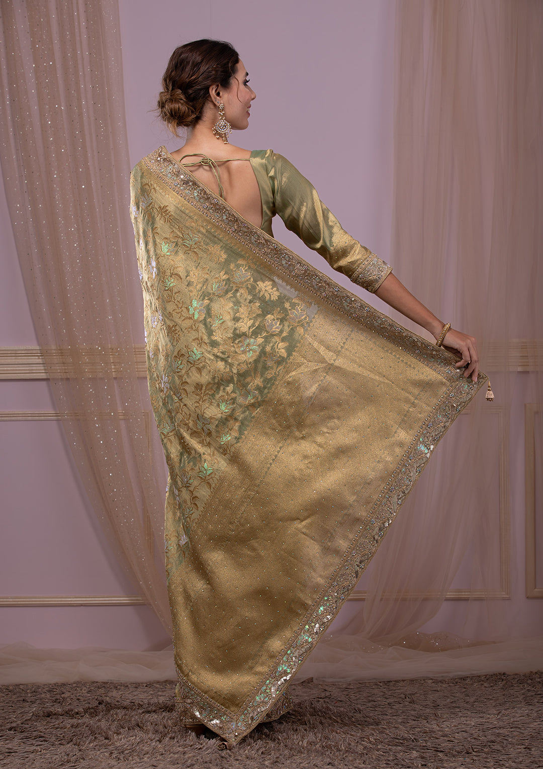 Pista Green Zariwork Brocade Saree