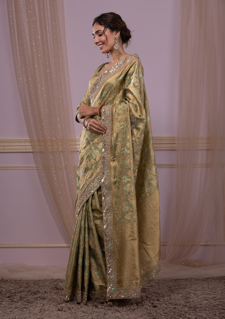 Pista Green Zariwork Brocade Saree