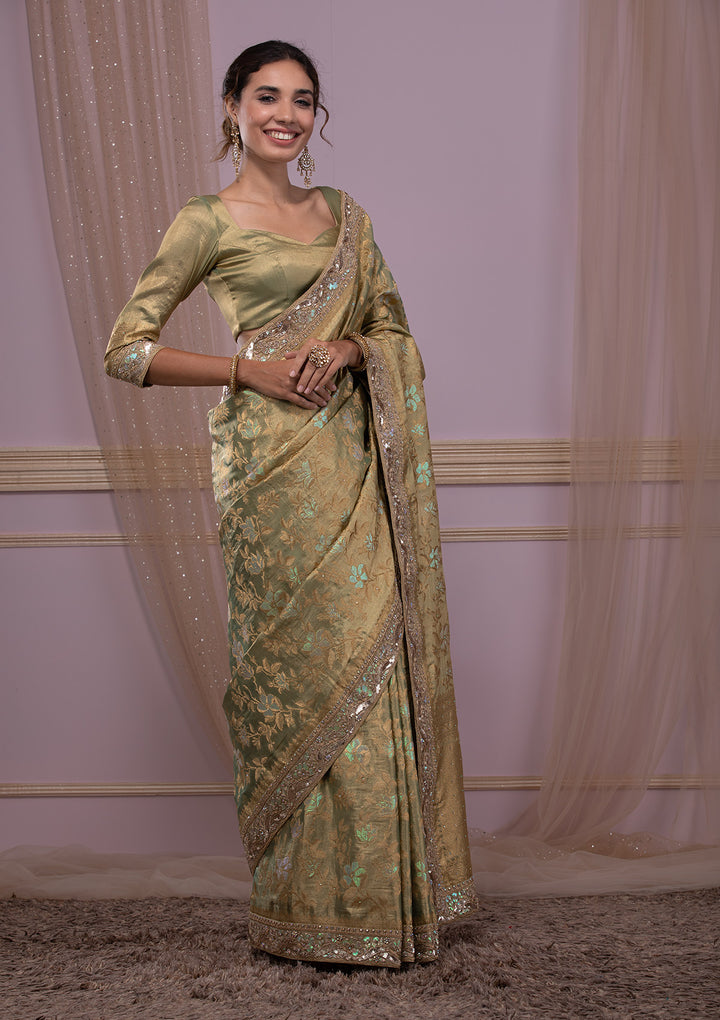 Pista Green Zariwork Brocade Saree