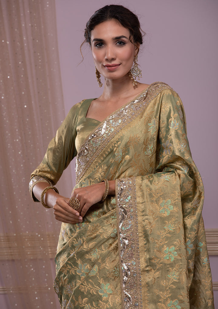 Pista Green Zariwork Brocade Saree