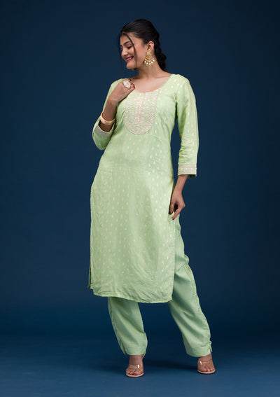 Pista Green Zariwork Chanderi Readymade Salwar Suit