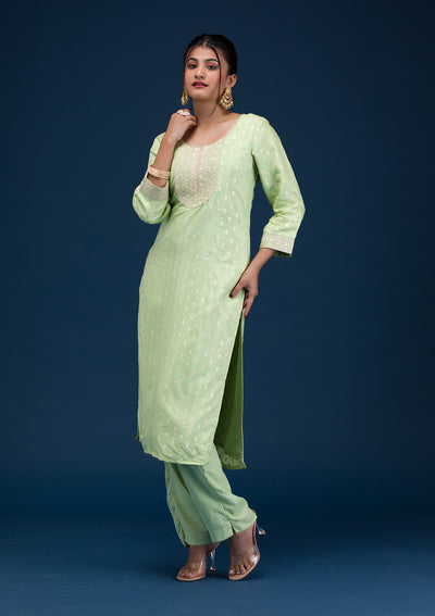 Pista Green Zariwork Chanderi Readymade Salwar Suit