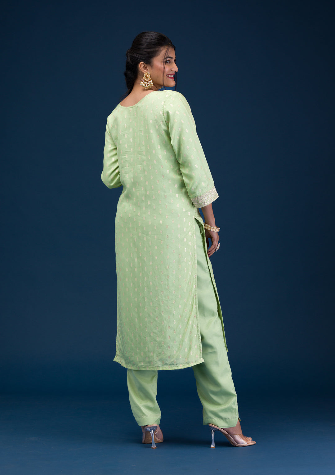 Pista Green Zariwork Chanderi Readymade Salwar Suit