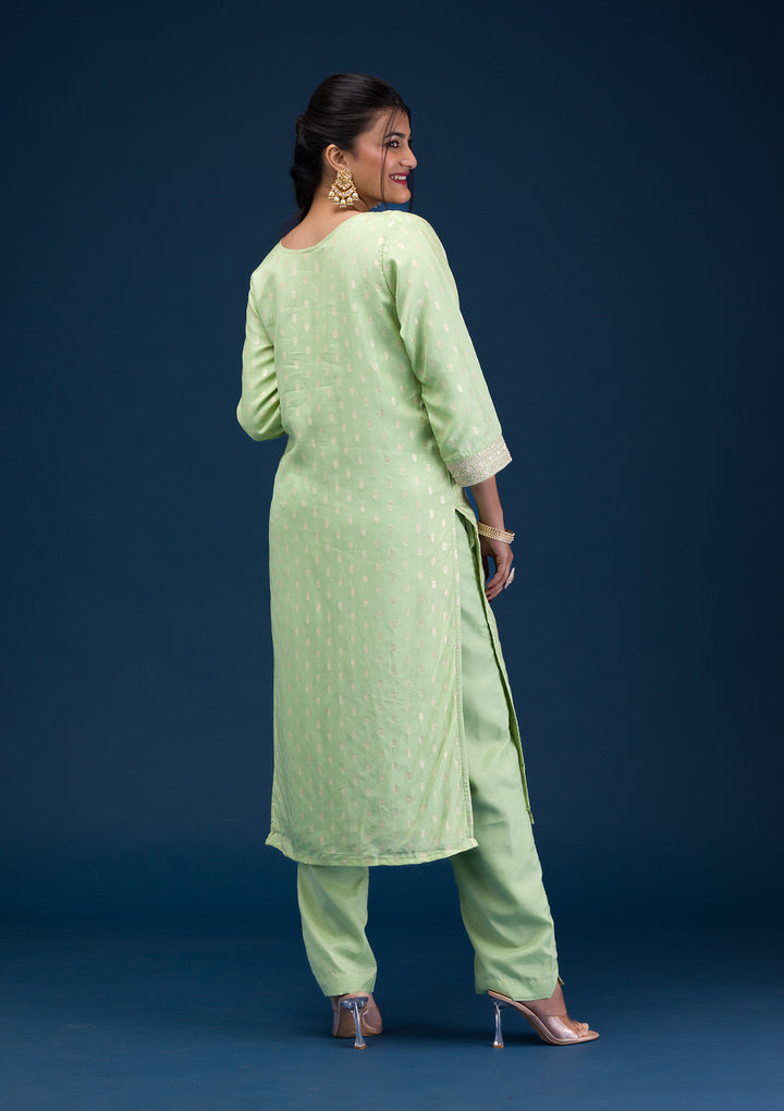 Pista Green Zariwork Chanderi Readymade Salwar Suit
