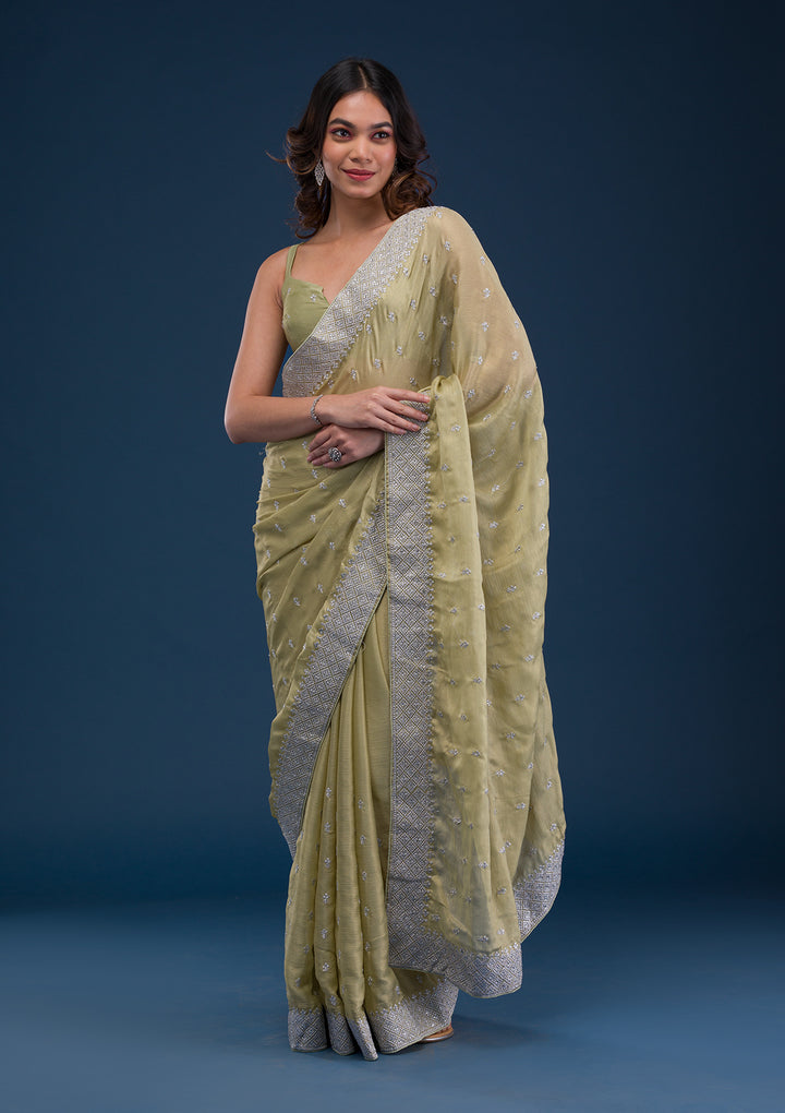 Pista Green Zariwork Chiffon Saree