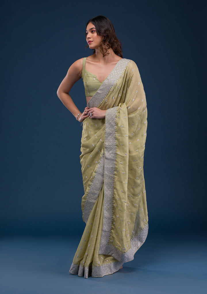 Pista Green Zariwork Chiffon Saree