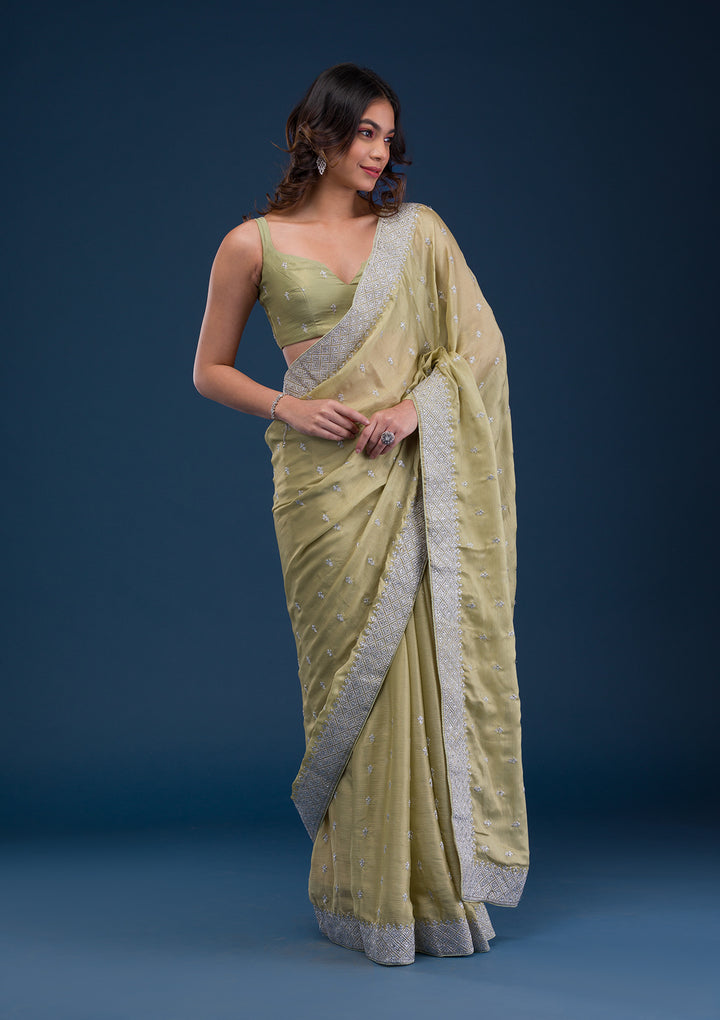Pista Green Zariwork Chiffon Saree
