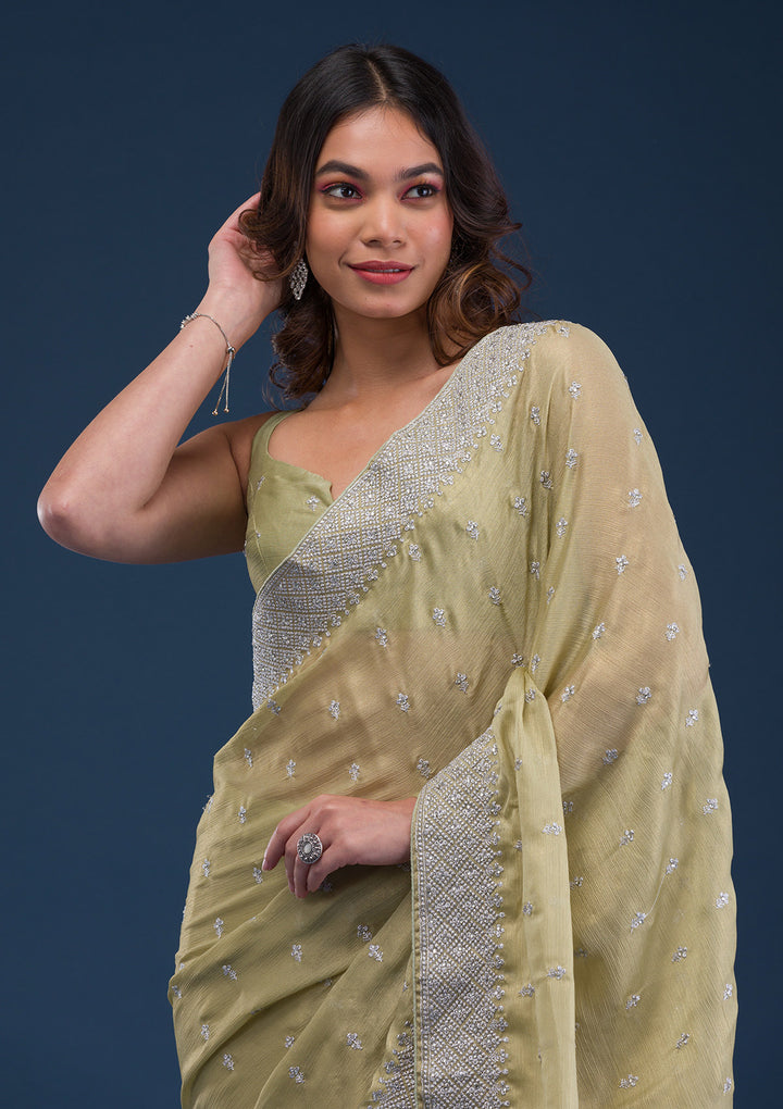 Pista Green Zariwork Chiffon Saree
