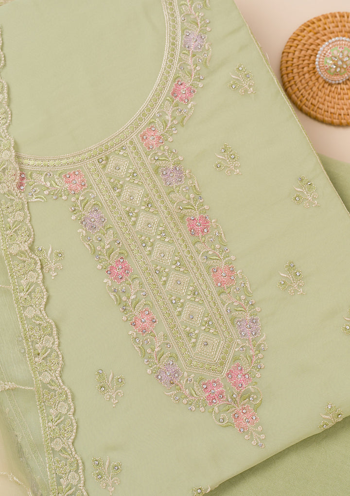 Pista Green Zariwork Georgette Unstitched Salwar Suit