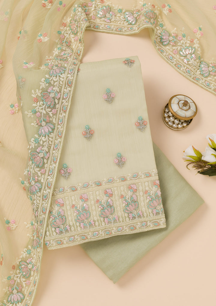Pista Green Zariwork Organza Unstitched Salwar Suit