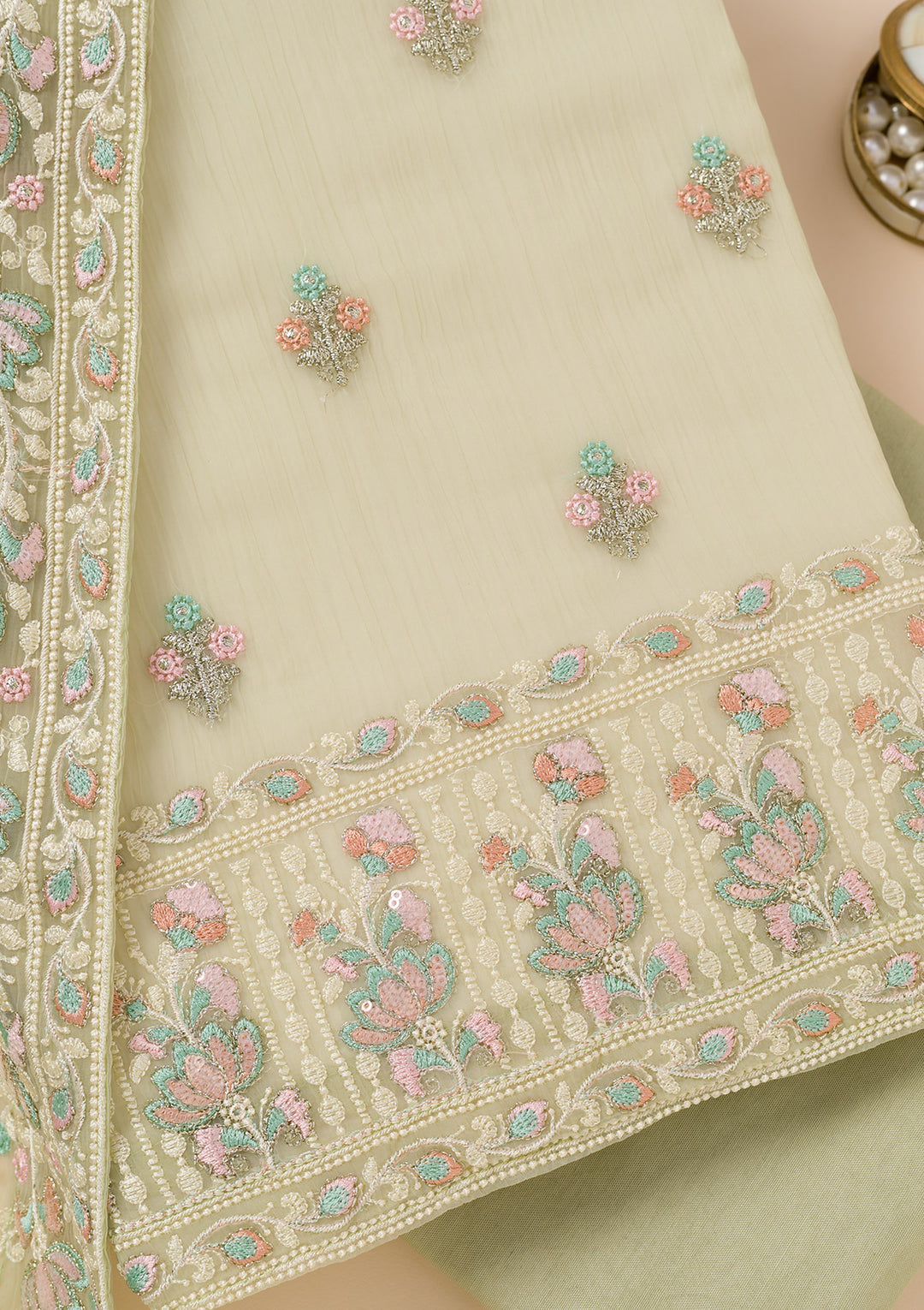 Pista Green Zariwork Organza Unstitched Salwar Suit
