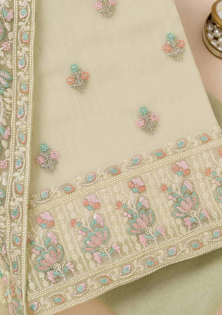 Pista Green Zariwork Organza Unstitched Salwar Suit
