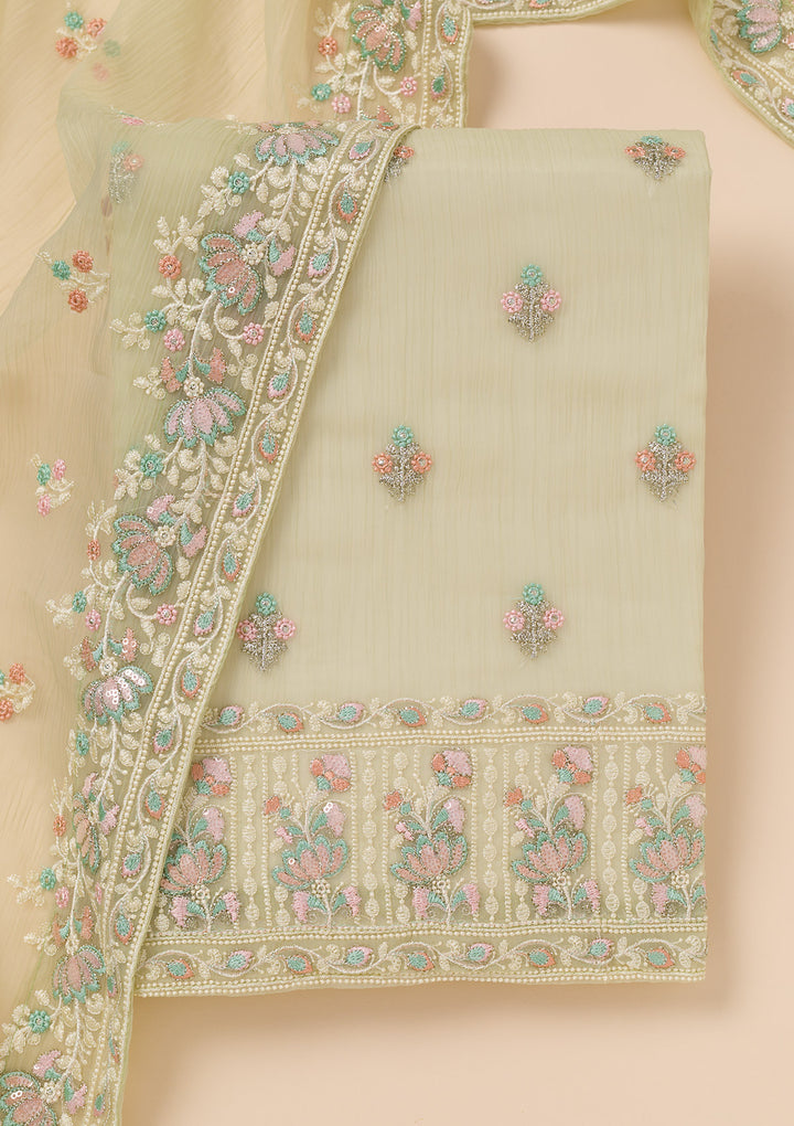 Pista Green Zariwork Organza Unstitched Salwar Suit