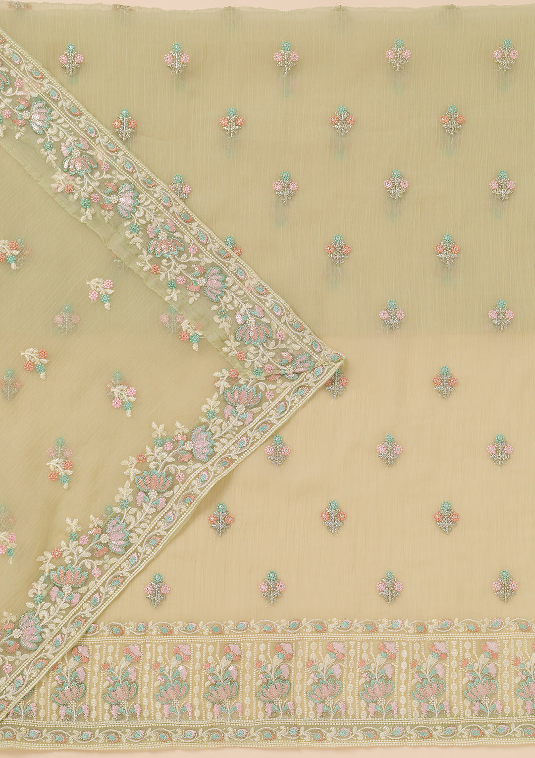 Pista Green Zariwork Organza Unstitched Salwar Suit