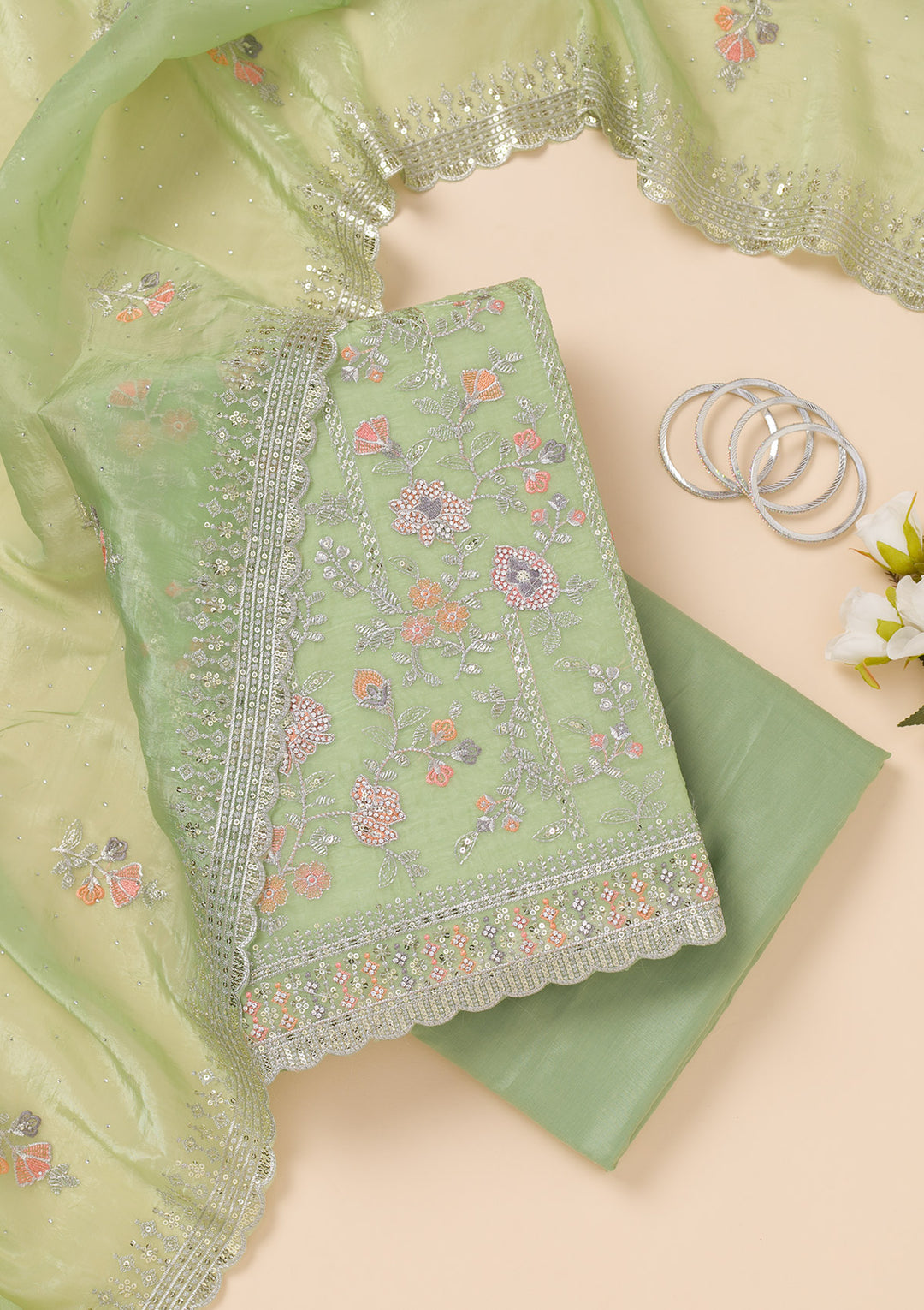 Pista Green Zariwork Organza Unstitched Salwar Suit
