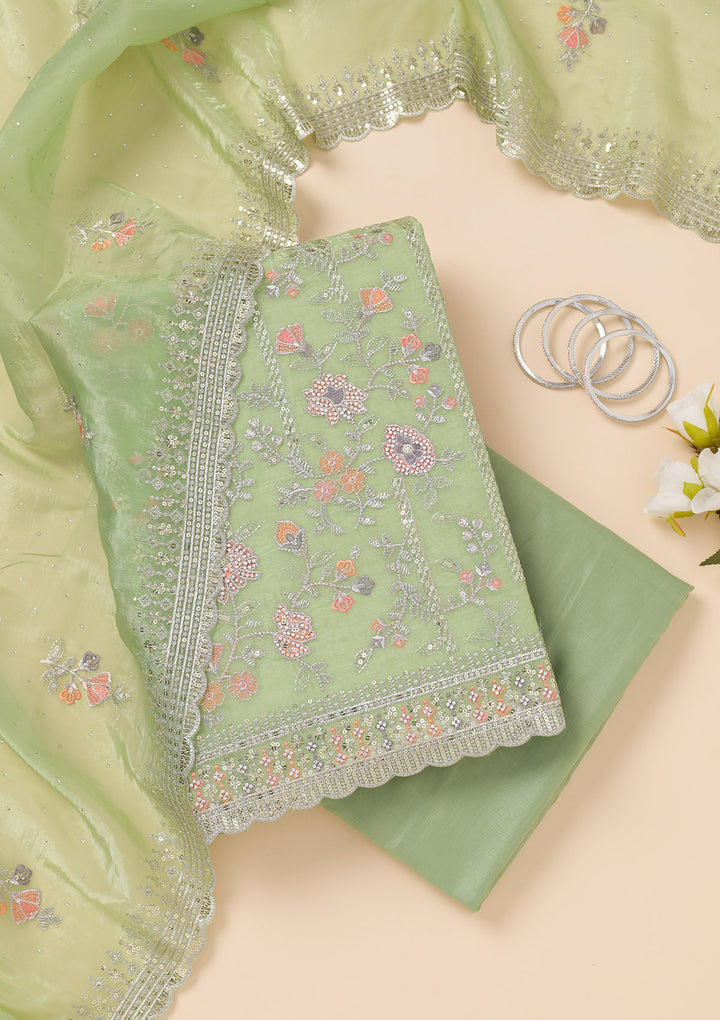 Pista Green Zariwork Organza Unstitched Salwar Suit
