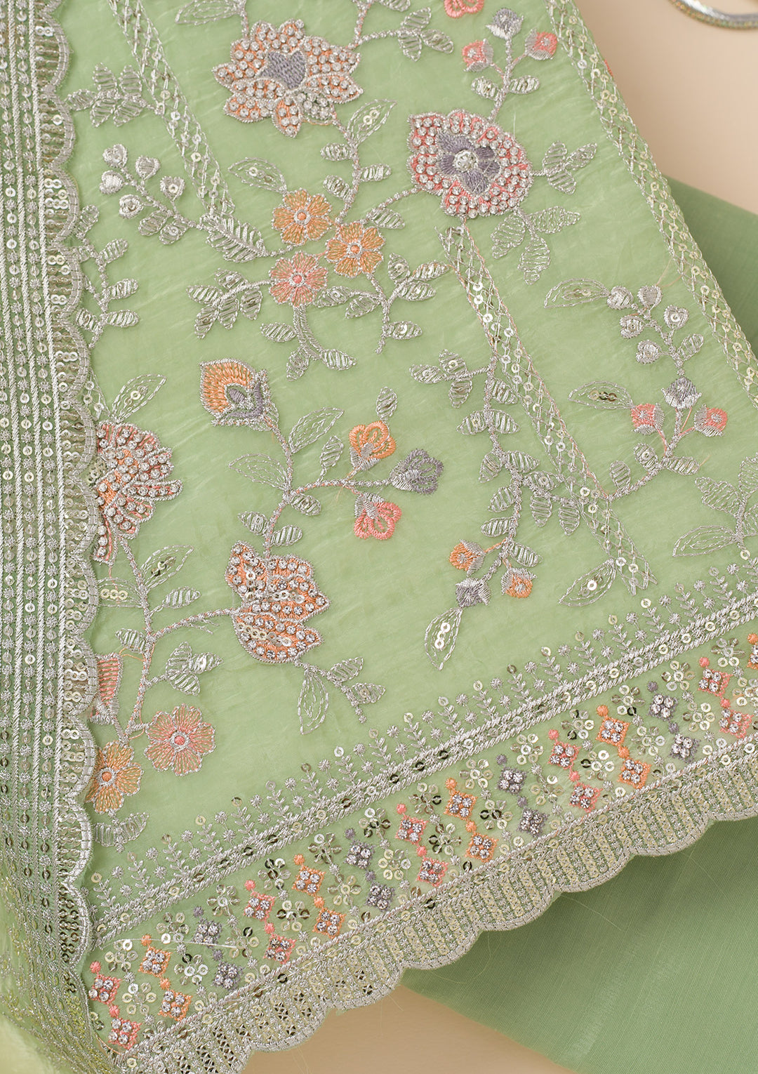 Pista Green Zariwork Organza Unstitched Salwar Suit