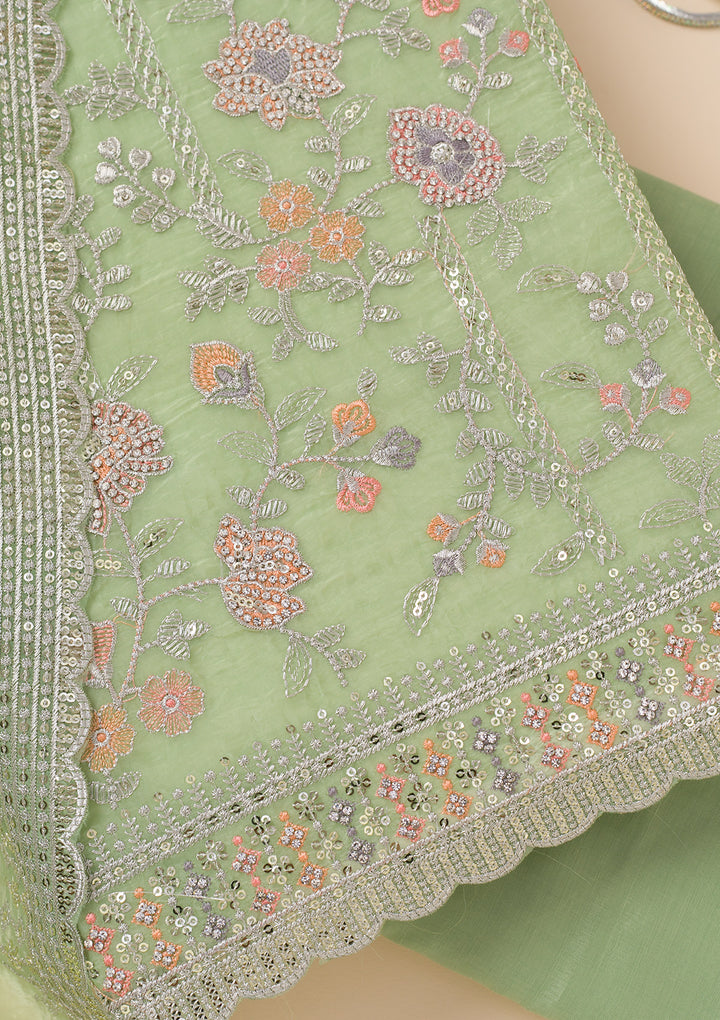 Pista Green Zariwork Organza Unstitched Salwar Suit
