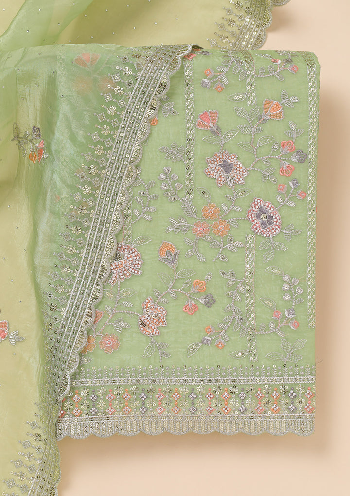 Pista Green Zariwork Organza Unstitched Salwar Suit