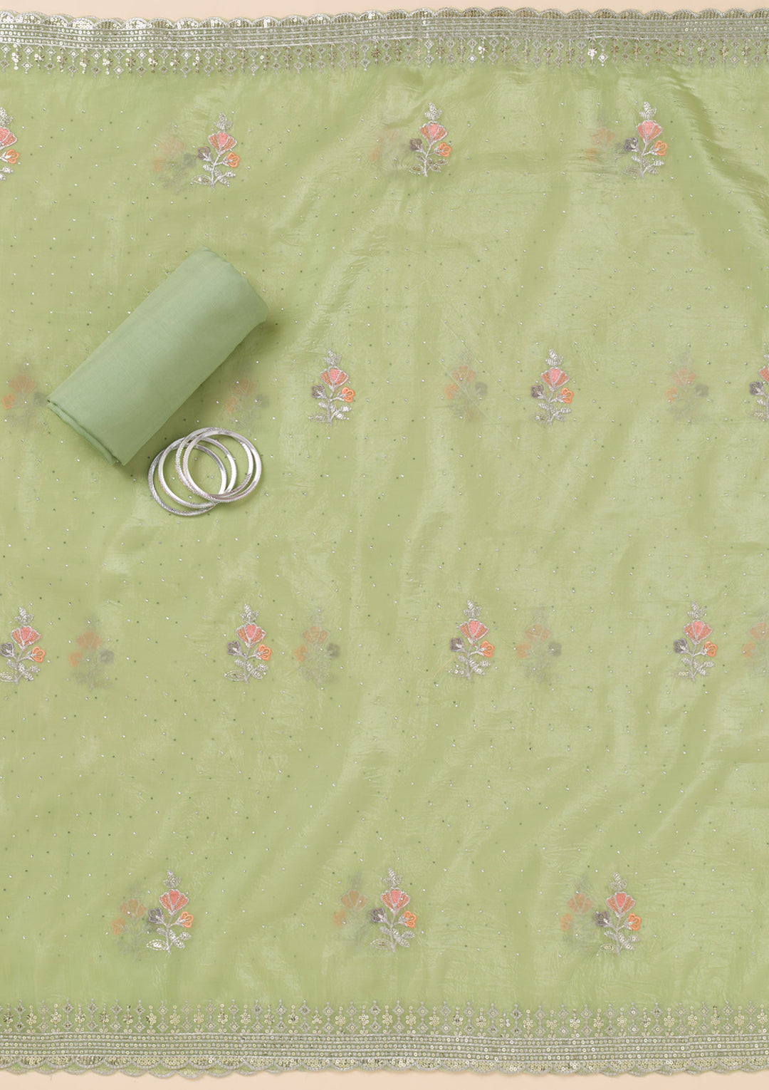 Pista Green Zariwork Organza Unstitched Salwar Suit
