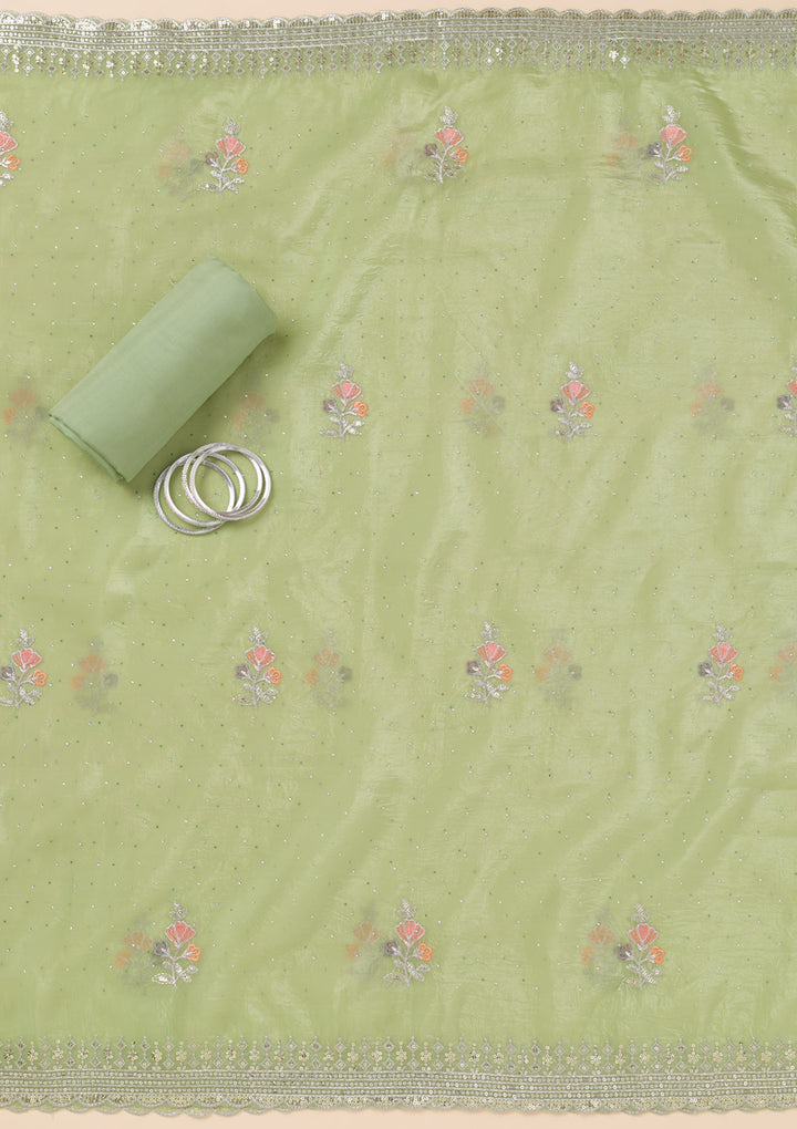 Pista Green Zariwork Organza Unstitched Salwar Suit