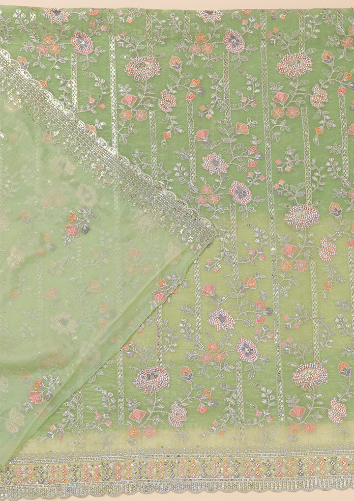 Pista Green Zariwork Organza Unstitched Salwar Suit