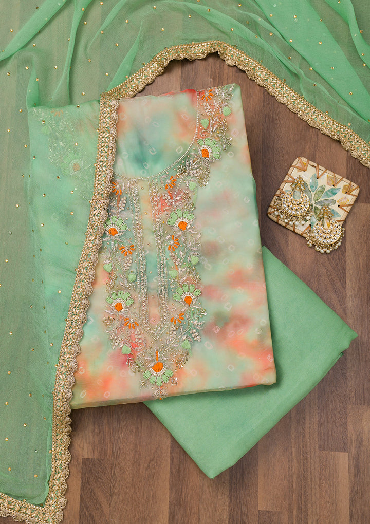 Pista Green Zariwork Organza Unstitched Salwar Suit