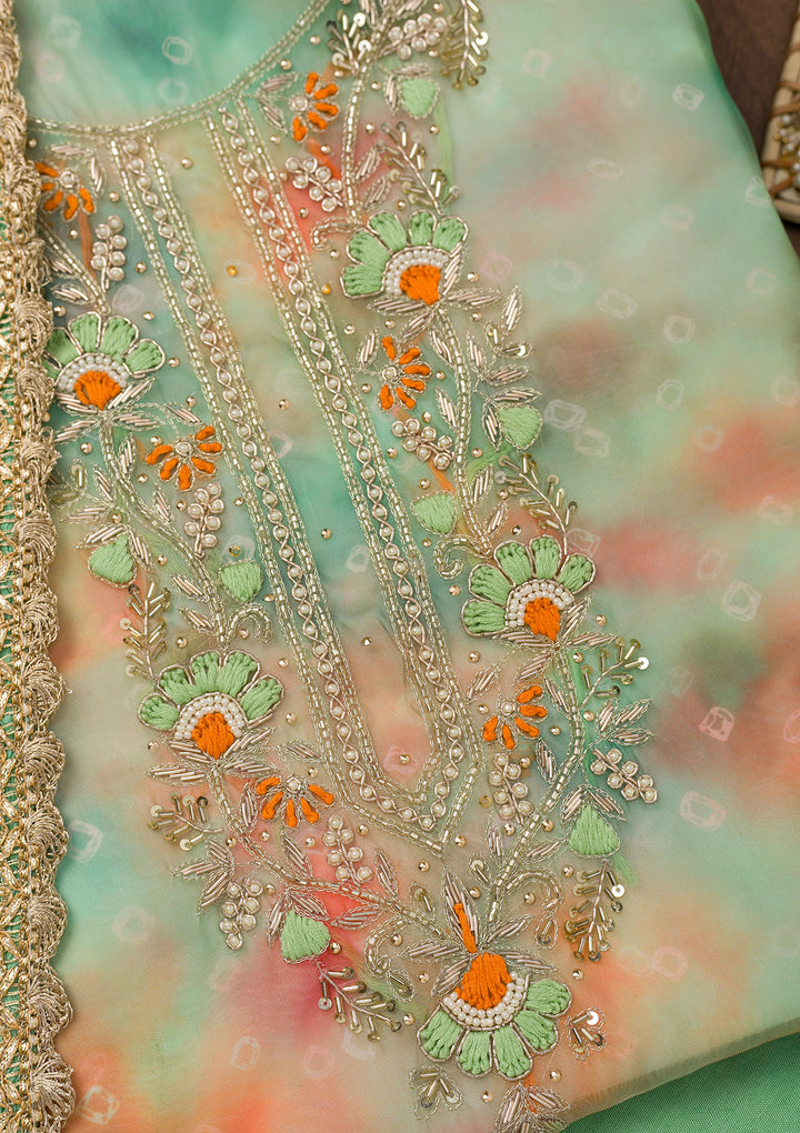 Pista Green Zariwork Organza Unstitched Salwar Suit