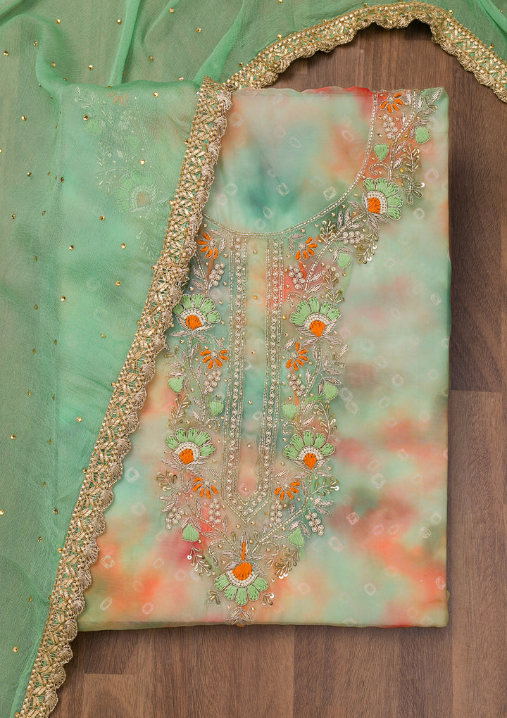 Pista Green Zariwork Organza Unstitched Salwar Suit
