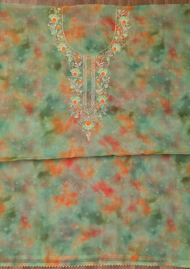 Pista Green Zariwork Organza Unstitched Salwar Suit