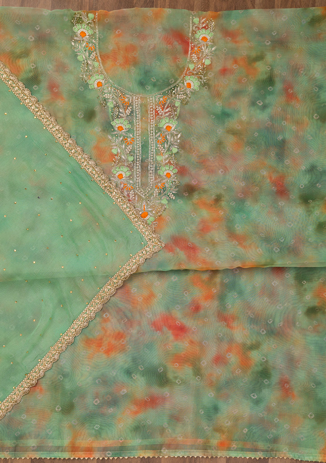 Pista Green Zariwork Organza Unstitched Salwar Suit