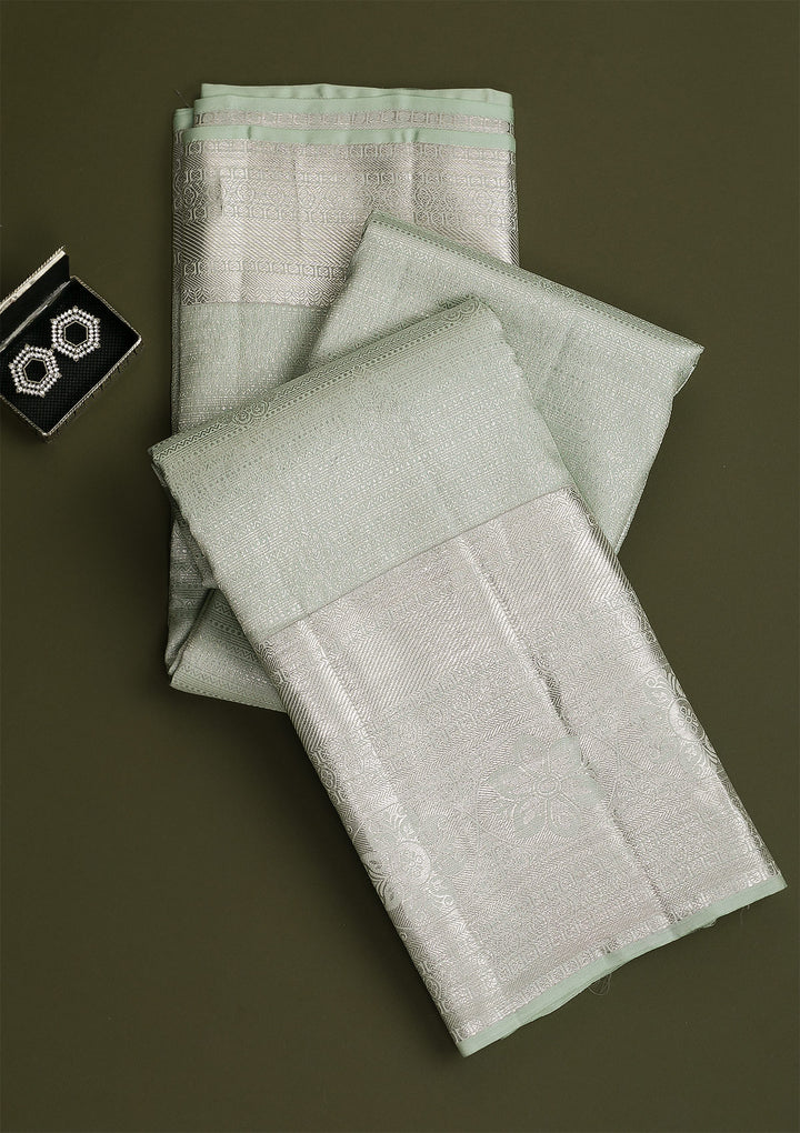 Pista Green Silver Zariwork Pure Silk Saree-Koskii