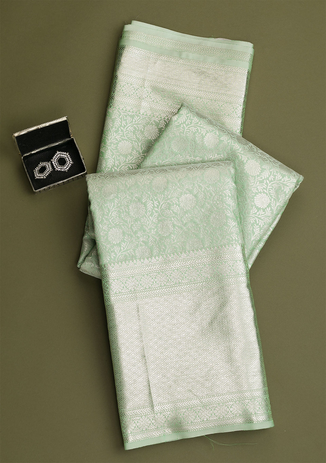 Pista Green Silver Zariwork Pure Silk Saree-Koskii