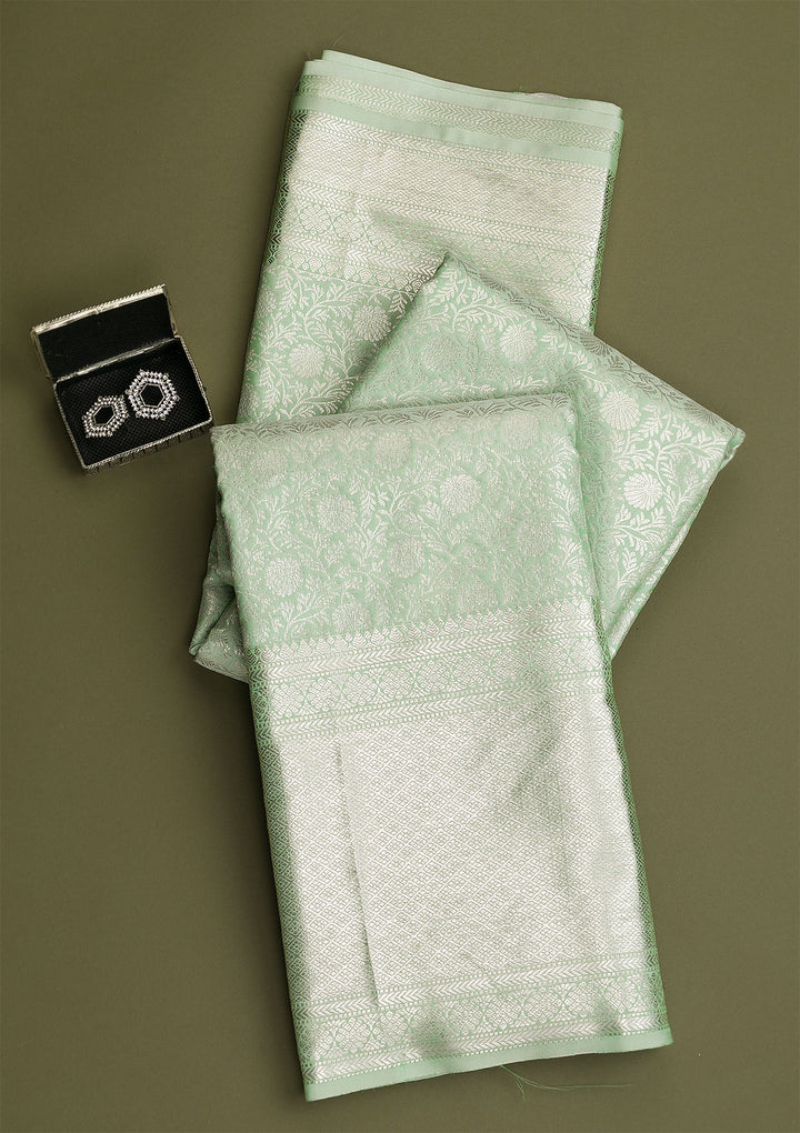 Pista Green Silver Zariwork Pure Silk Saree-Koskii