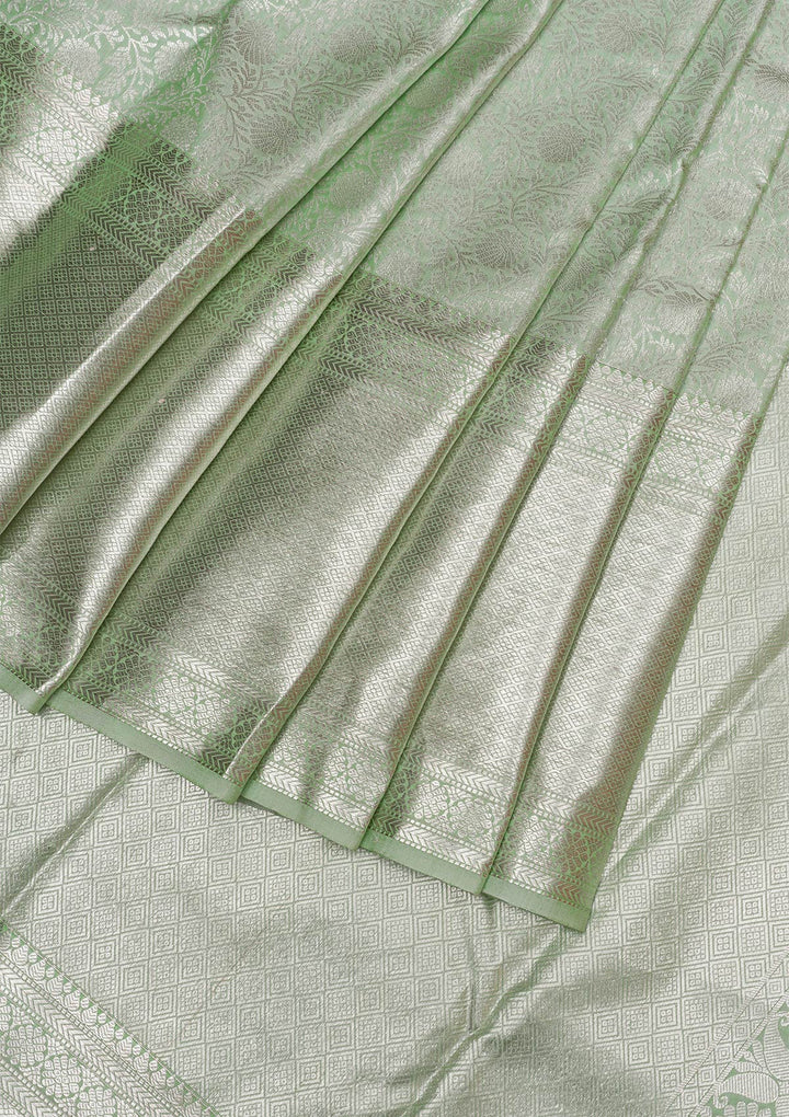 Pista Green Silver Zariwork Pure Silk Saree