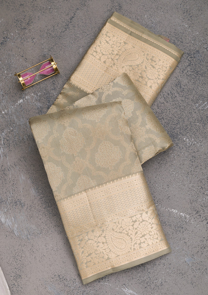Pista Green Zariwork Pure Silk Saree-Koskii